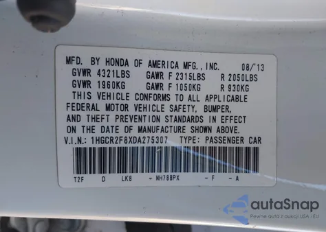 2013 Honda Accord Ex-L из США, поврежденный, VIN 1HGCR2F8XDA275307